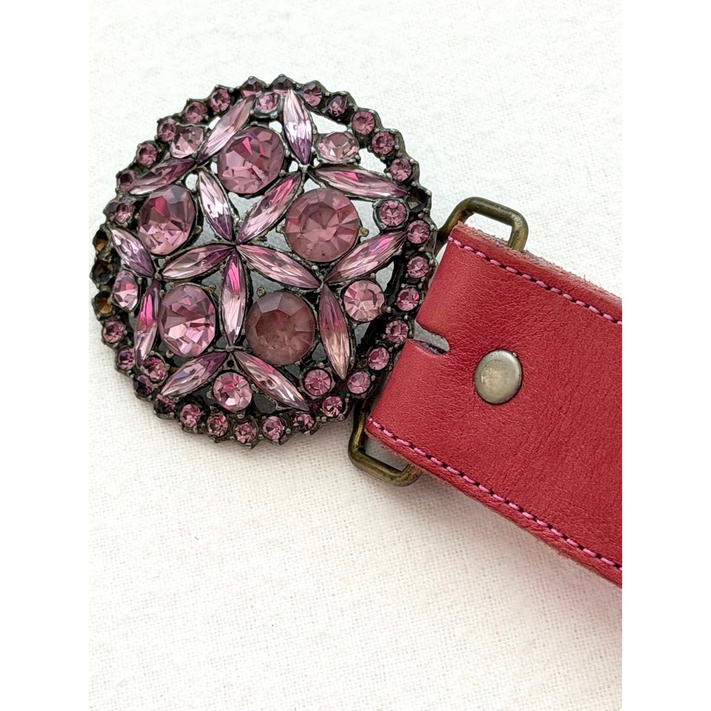 VTG B-Low The Belt Pink Leather Rhinestone Buckle Belt Y2K Boho Western Sz 32 - Picture 6 of 11
